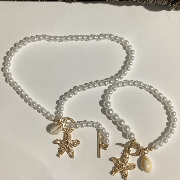 🪸Naitical Starfish & Puka  Shell Beaded Pearl toggle collar necklace & Bracelet - Picture 3 of 16